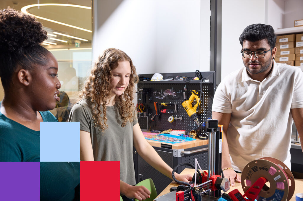Three York University students collaborating on a 3D printing project at the AMPD Makerspace, gaining hands-on experience with digital fabrication and prototyping technology.